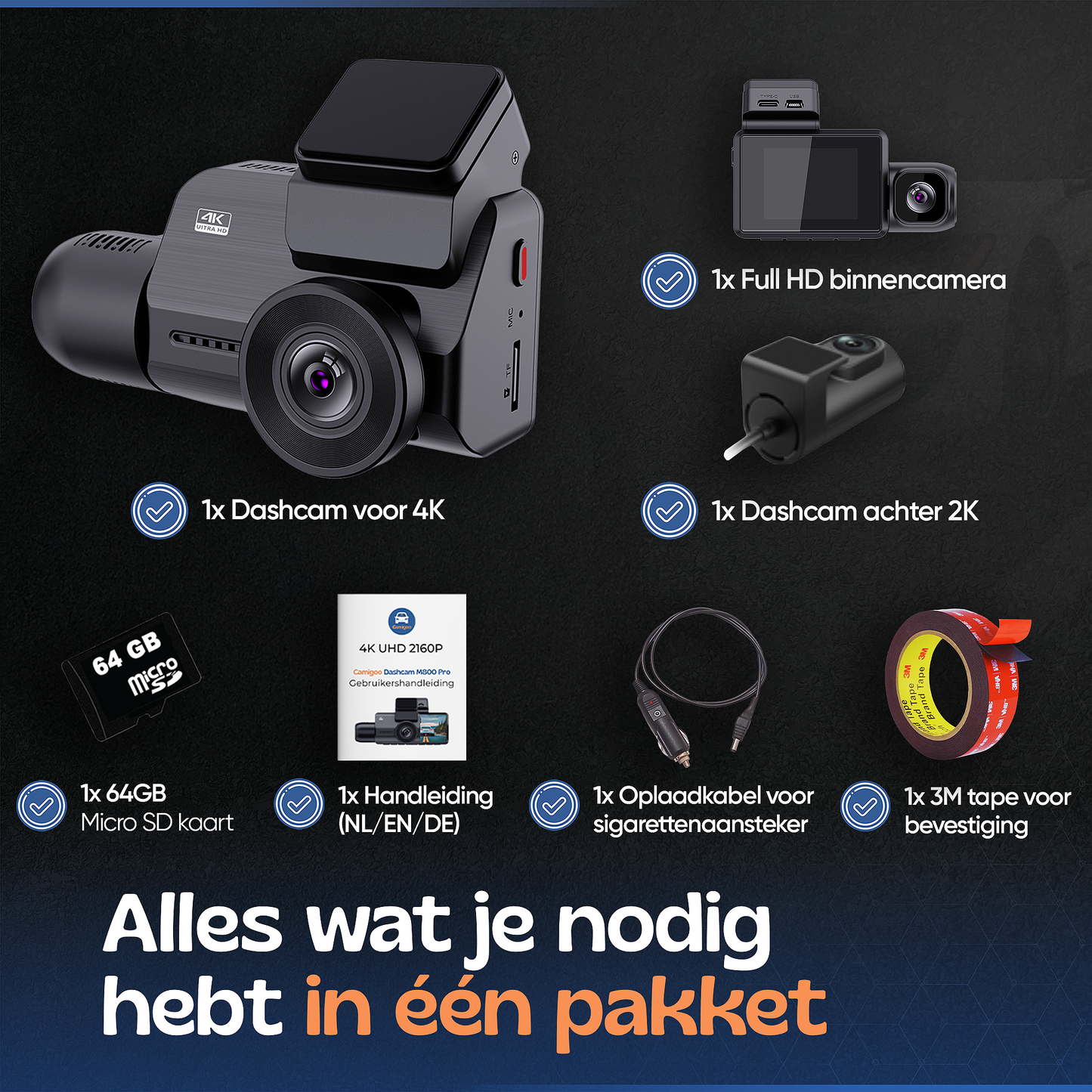 Camigoo® M800 Pro Dashcam voor Auto - Voor, Achter & Binnenkant – Ultra 4K, 2K & Full HD