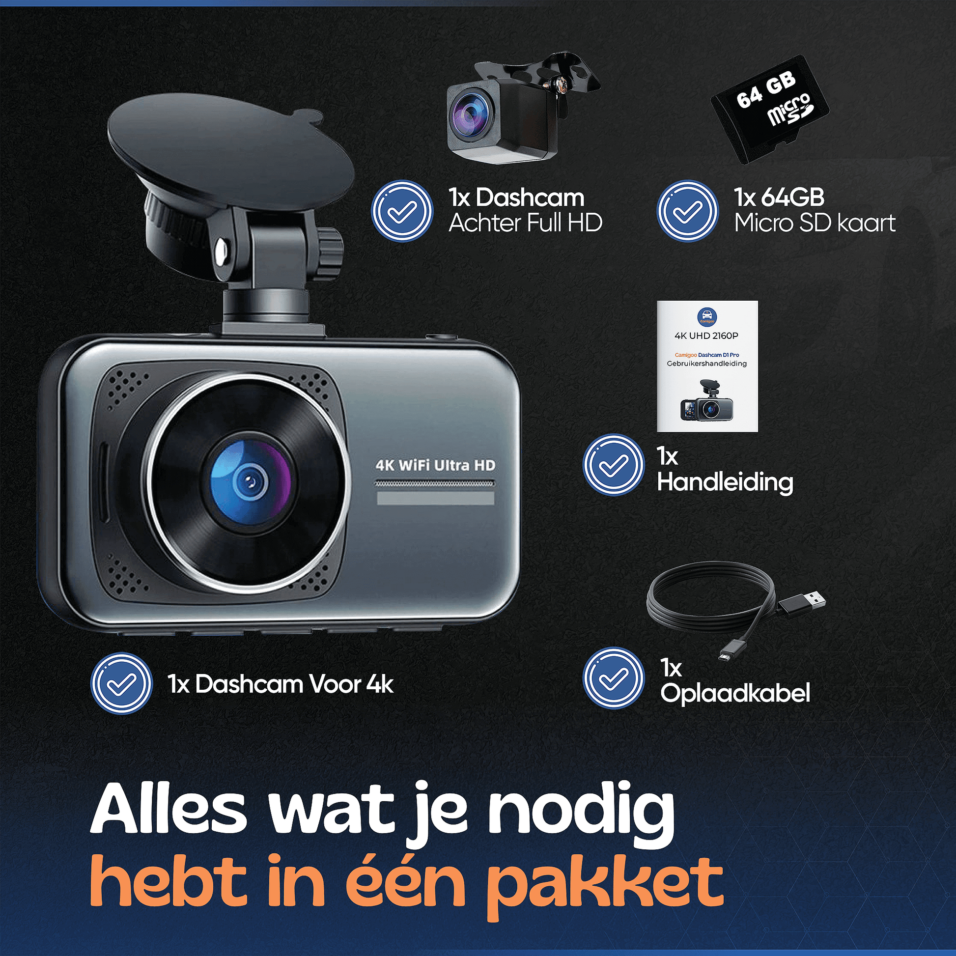 Camigoo® Dashcam voor Auto Voor en Achter D1 Pro - Ultra 4K & Full HD